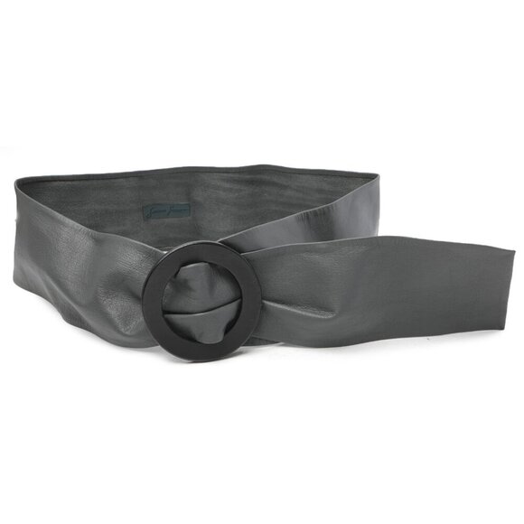 Vintage Susana Grazo Leather Wrap Wide Belt Large Round Wood Buckle Grey Black - Picture 1 of 9